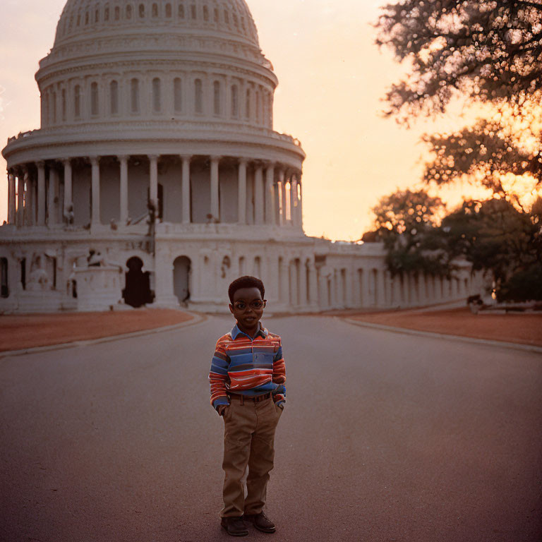 Child in front of US Capitol at sunset with trees and street in background