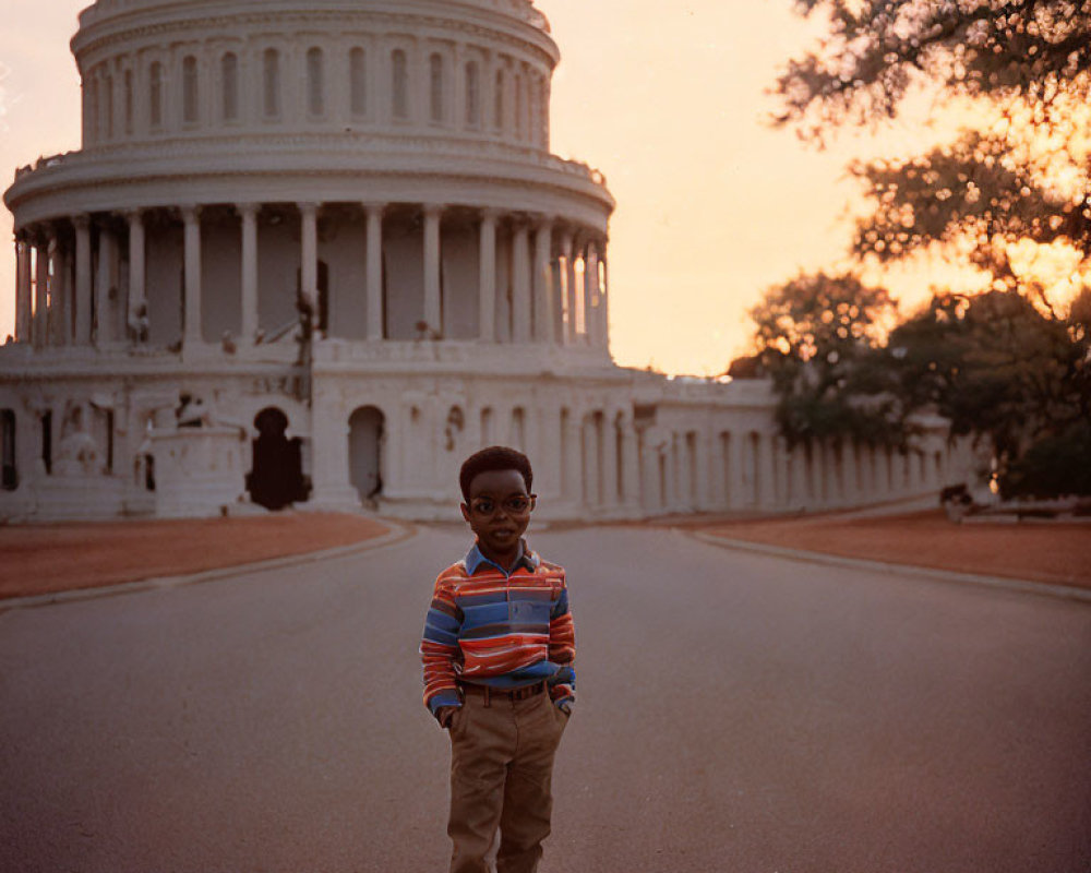 Child in front of US Capitol at sunset with trees and street in background