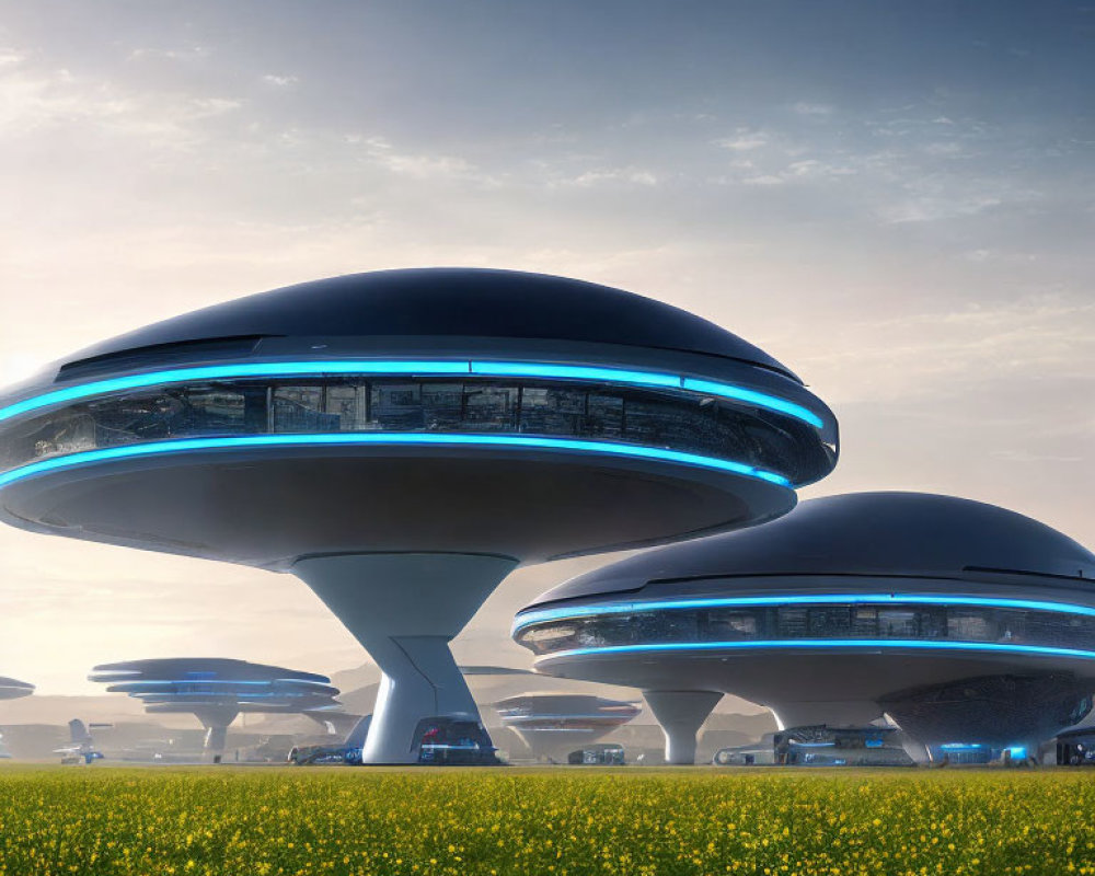 Futuristic Mushroom-Like Buildings Among Yellow Flowers