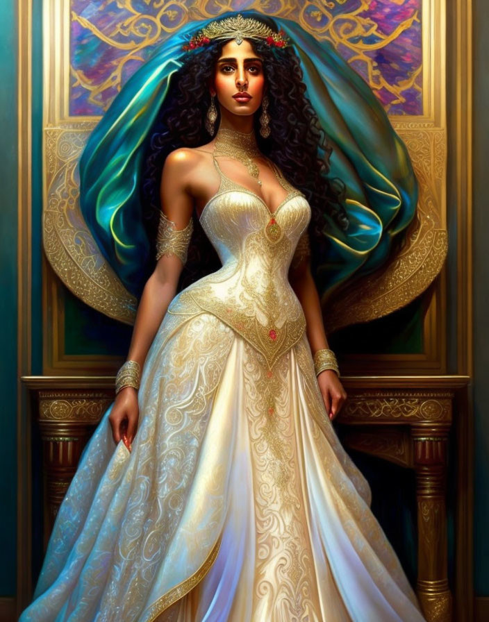 Regal woman in gold and white gown with teal cape and jewelry.