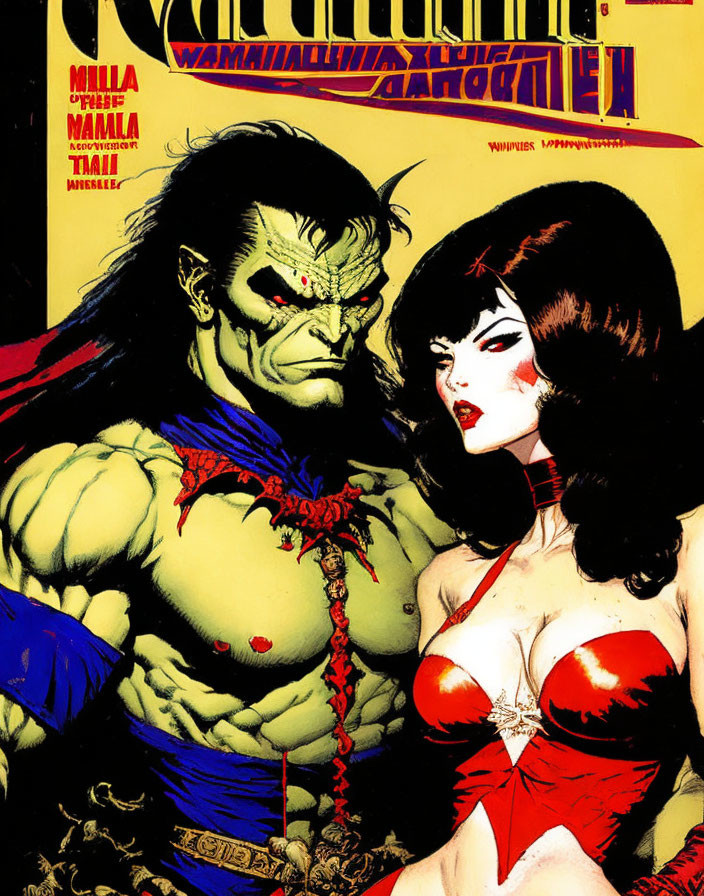 Muscular green-skinned male and red-haired female on comic book cover