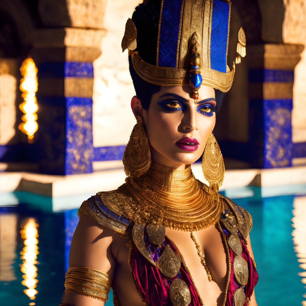 Elaborate Egyptian-style Costume with Headdress and Golden Jewelry by Pool