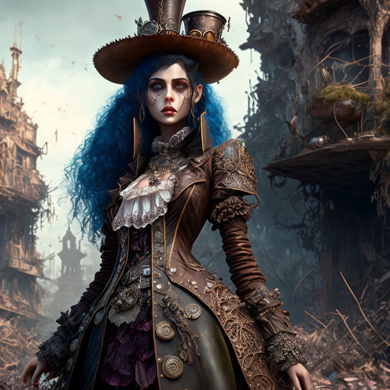 Blue-haired steampunk figure in dystopian setting