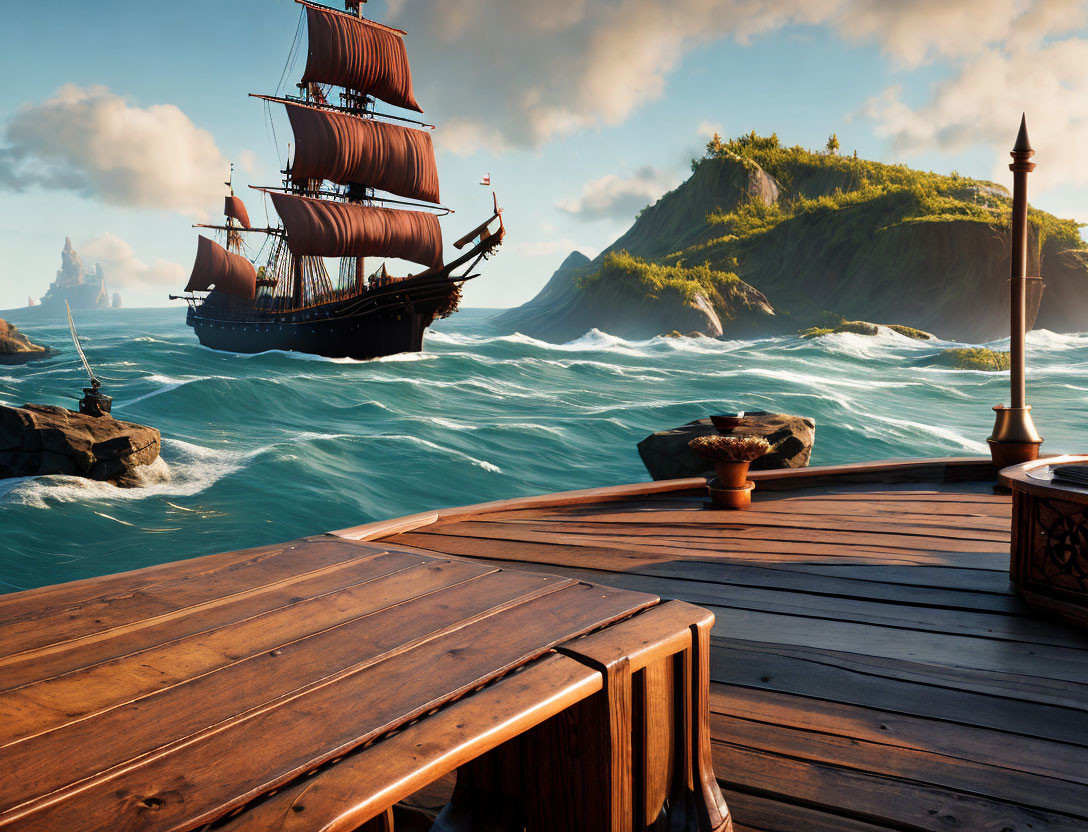 Wooden ship deck view at sea with sailing ship near lush green island