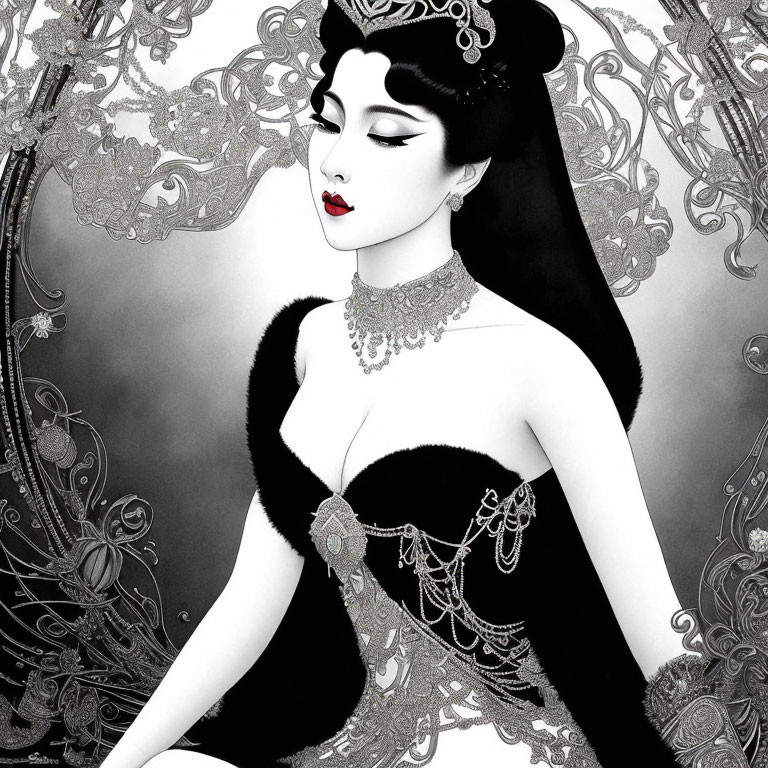 Illustration of pale-skinned woman with black hair in updo, red lips, and black dress