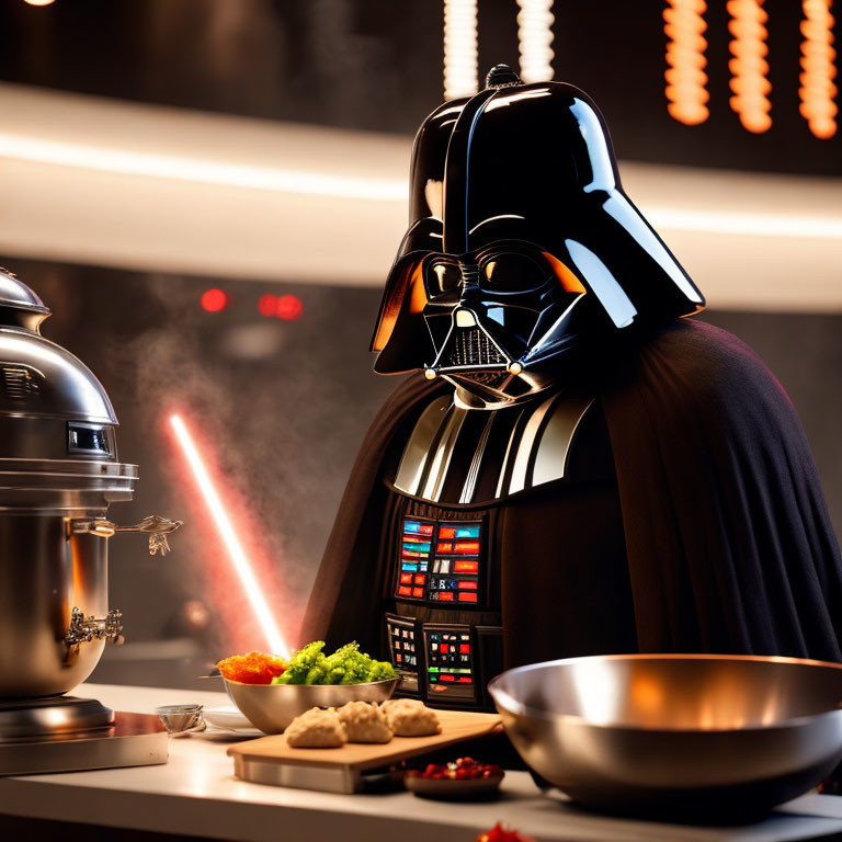 Person in Darth Vader costume dining in futuristic sci-fi kitchen