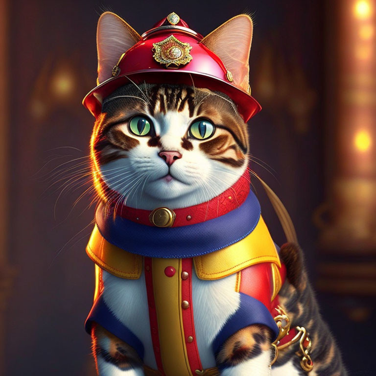 Colorful Cat in Firefighter Uniform with Red Helmet and Whimsical Expression