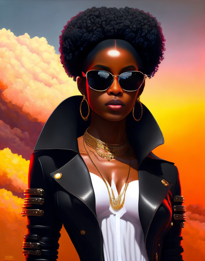 Woman with Afro Hair and Sunglasses in Stylish Attire Against Orange Sky