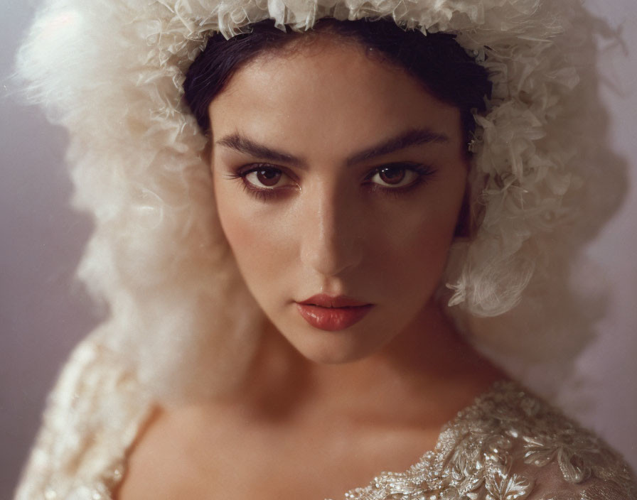 Dark-haired woman in white headpiece and lace garment gazes intensely.