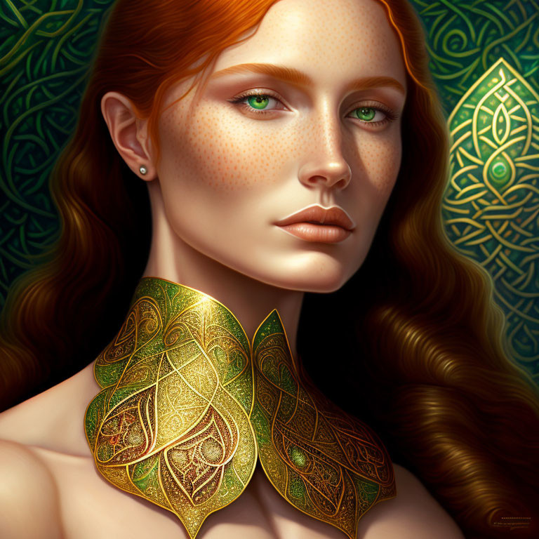 Digital portrait of woman with red hair, green eyes, and freckles on green background.