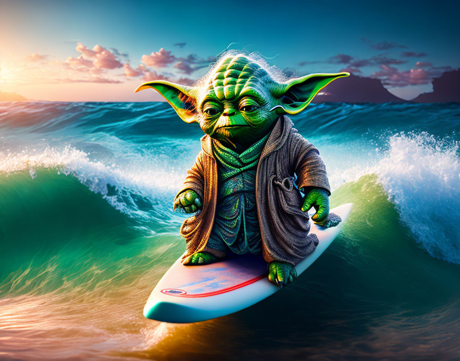 Digital illustration: Yoda from Star Wars surfing at sunset