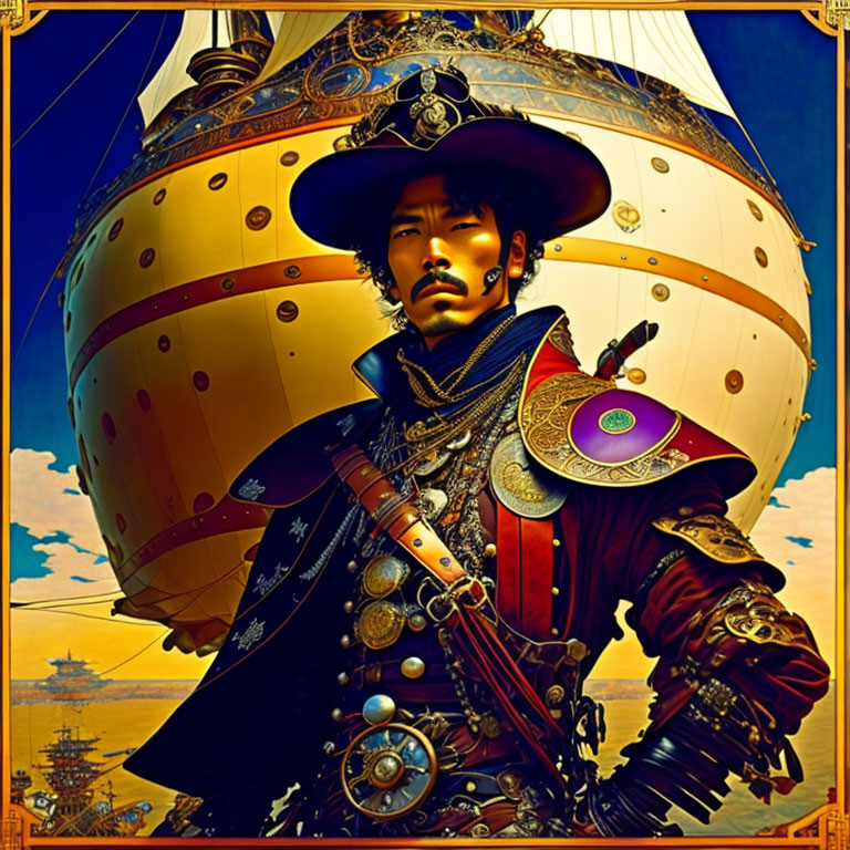 Steampunk-style Asian admiral with airship in golden sky