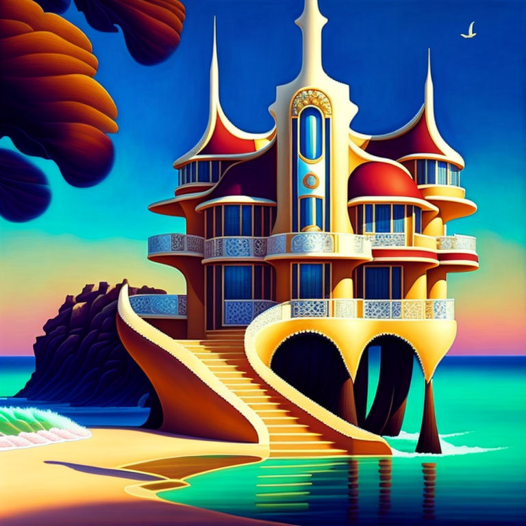 Fantasy-style palace on beach at vibrant sunset