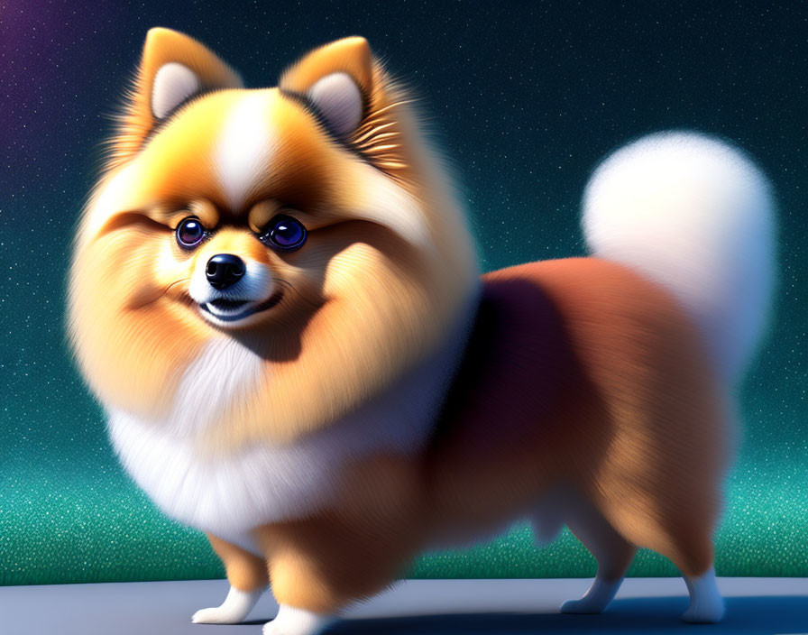 Fluffy Pomeranian Dog Grinning Under Starry Night Sky