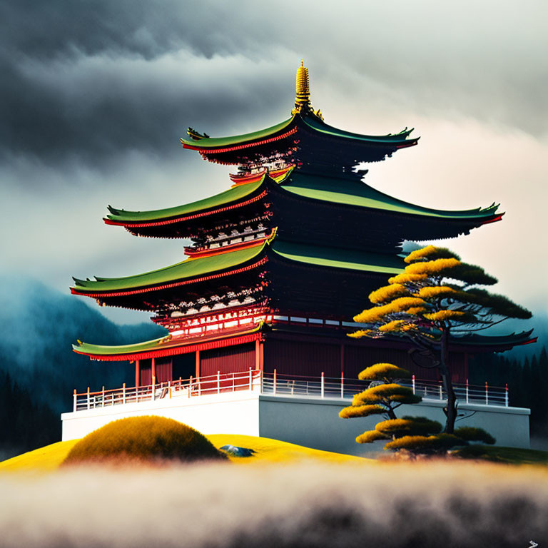 Colorful pagoda and pine trees against dramatic sky and soft vegetation.