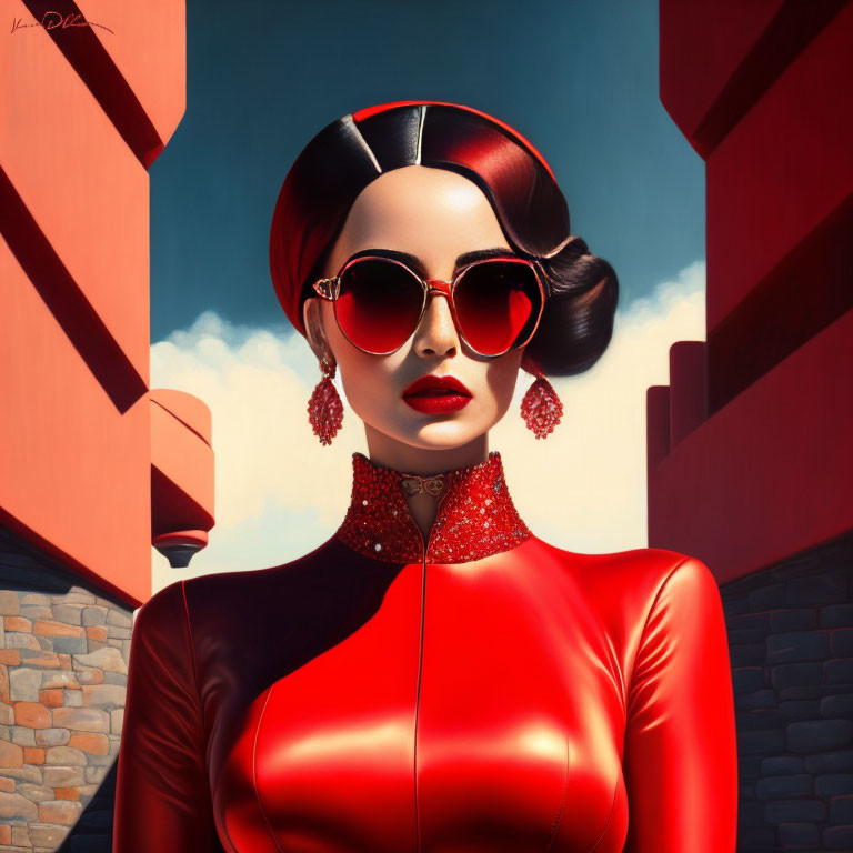 Stylized portrait of woman in red outfit with heart-shaped sunglasses