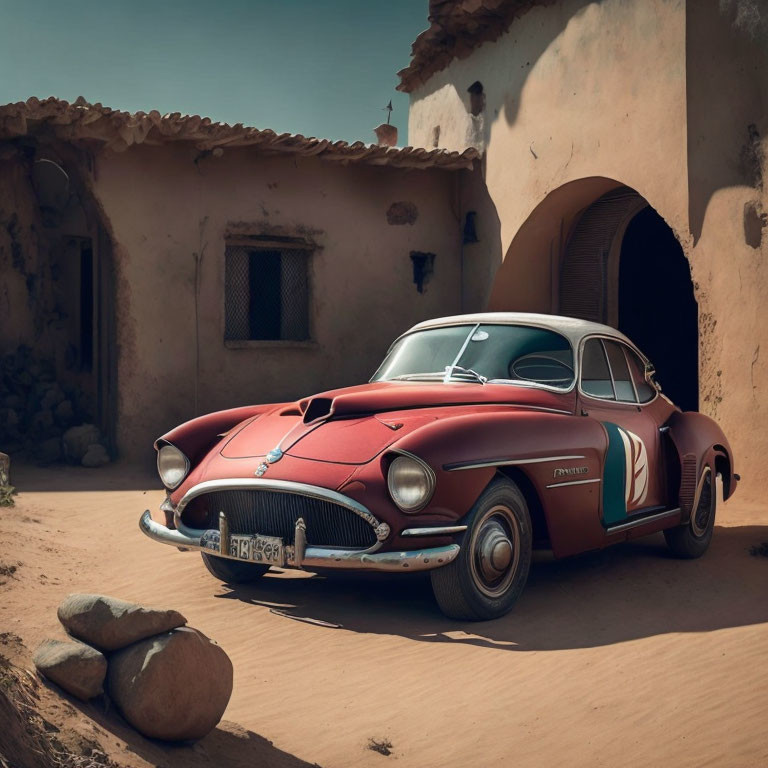 Vintage Red Car with White Side Panels Parked Outside Rustic Adobe Building