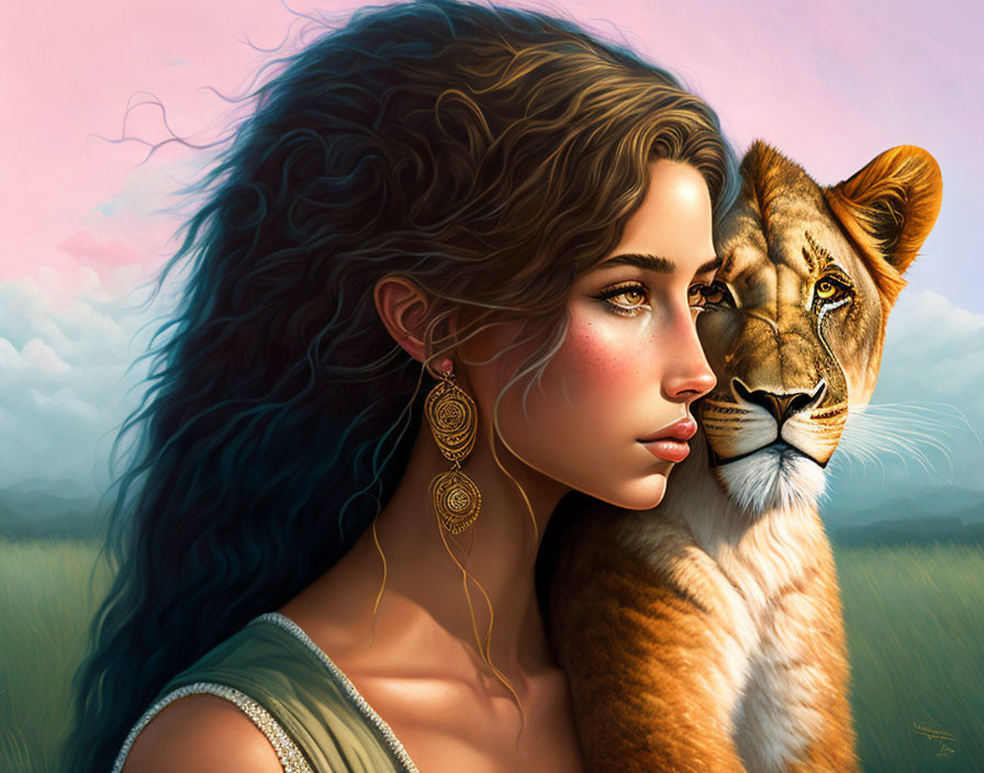 Digital artwork of woman with wavy hair and lion against soft-focus background