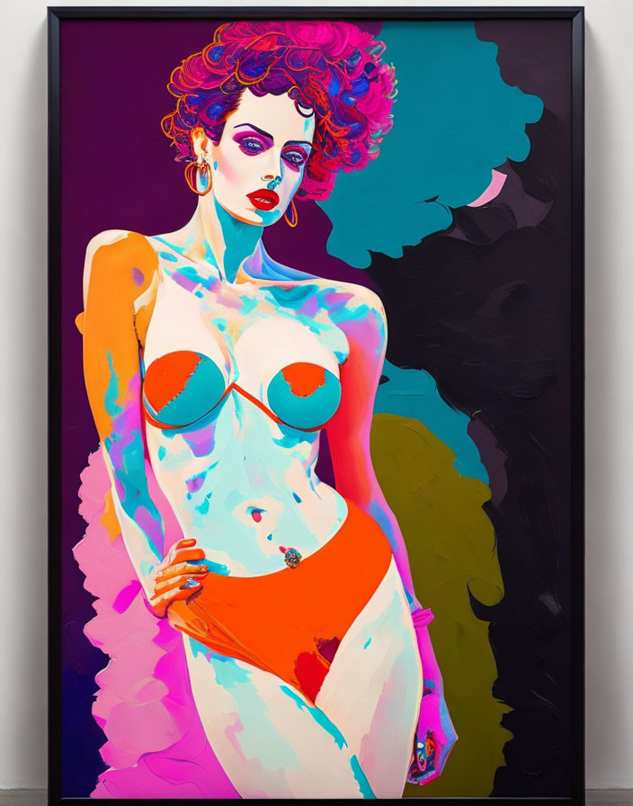 Colorful Pop Art Painting of Stylized Woman with Dynamic Hair