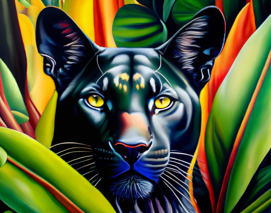 Colorful Black Panther Artwork with Yellow Eyes in Tropical Setting