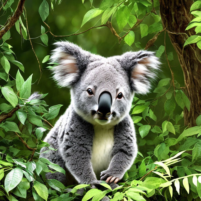 Grey koala with large ears and black nose in lush forest scene