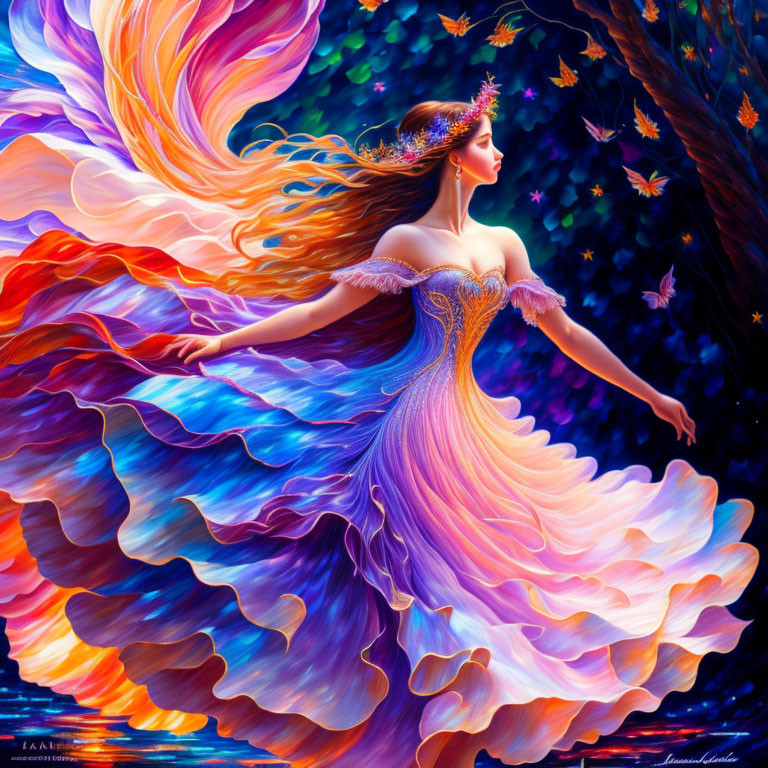 Colorful Woman in Nebula Dress Surrounded by Starry Forest