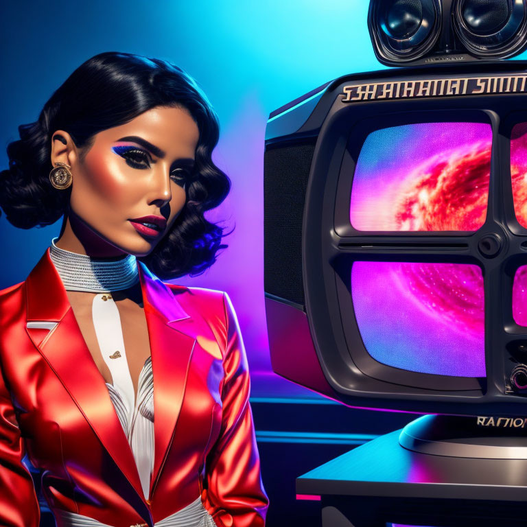 Vintage makeup woman with retro boombox and colorful abstract TV display