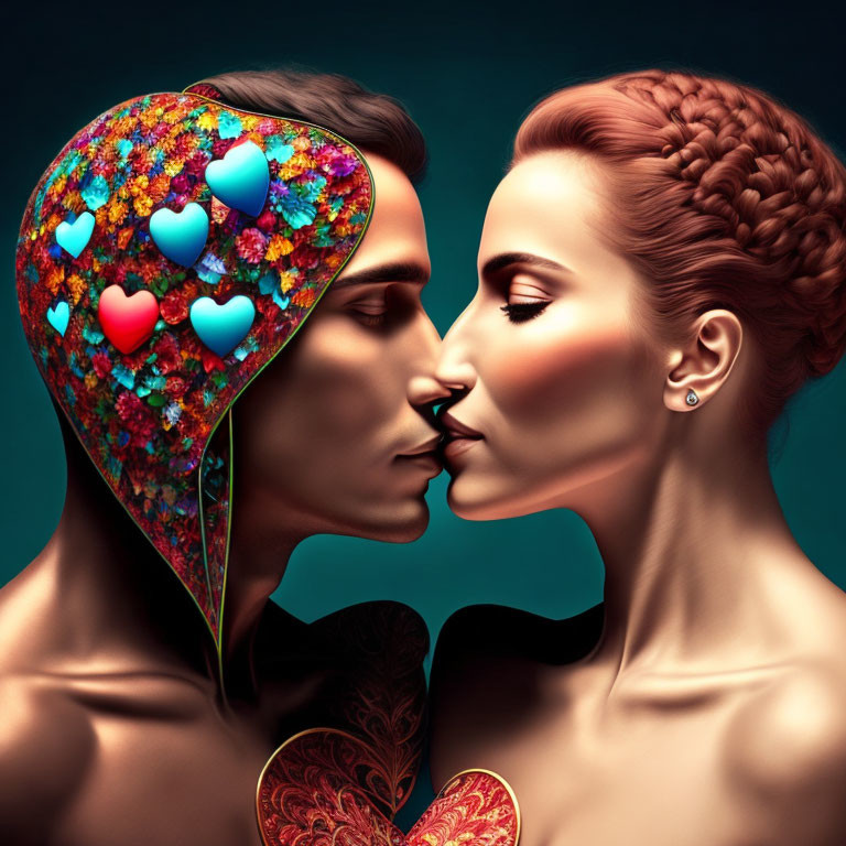 Surreal image of two people kissing with floral hood and intricate hair braid