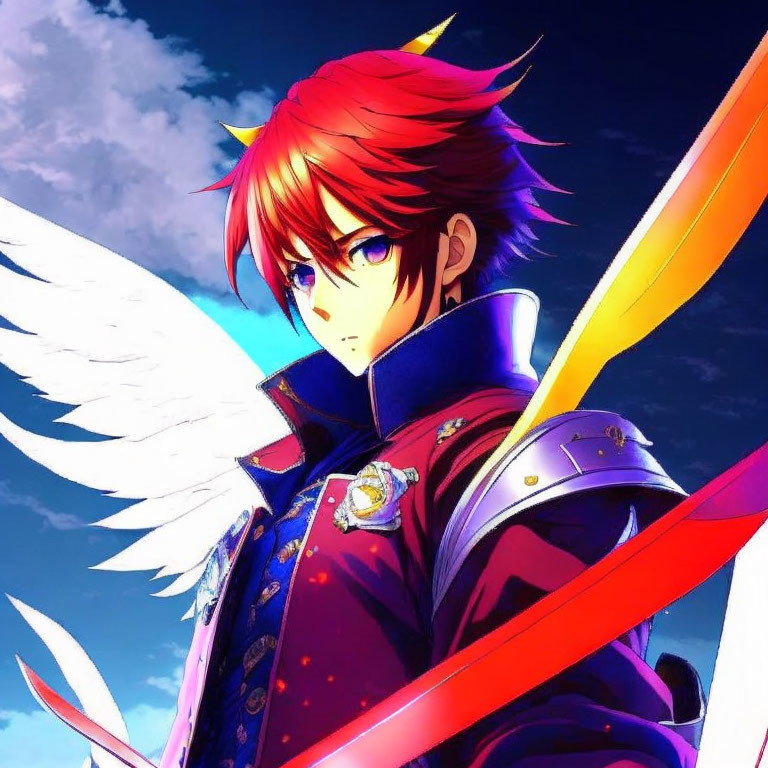 Red-haired anime character with golden horns, blue and red outfit, cape, and white wing.