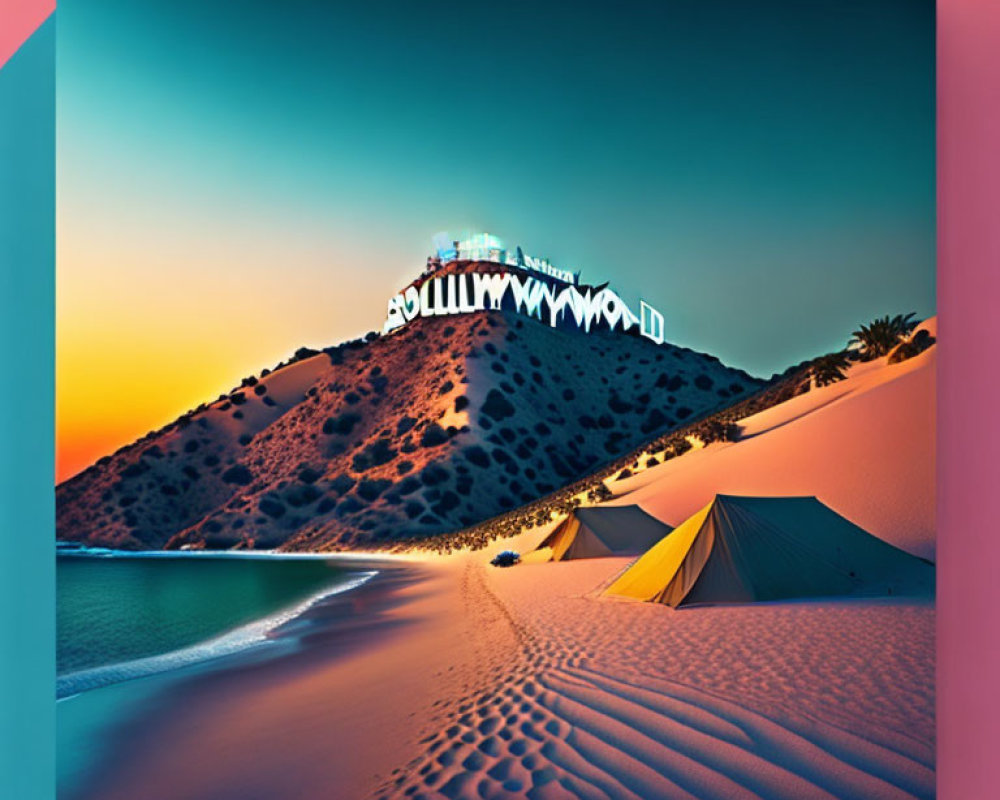 Vibrant sunset over hill with beach tents and illuminated structures