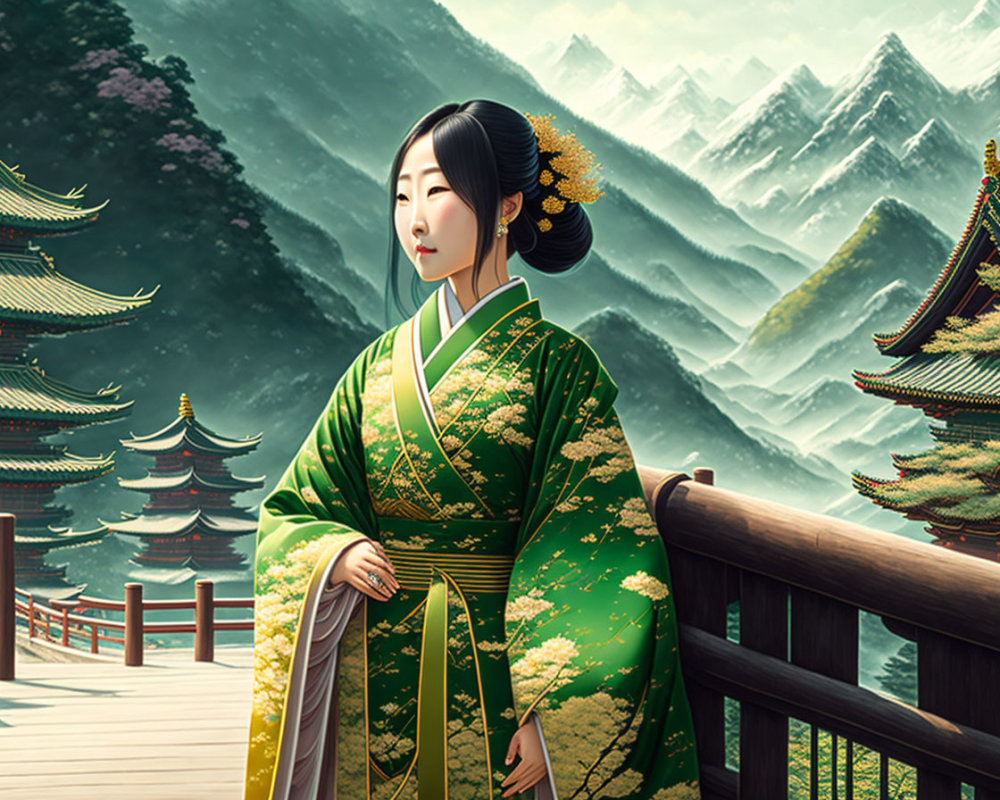 Woman in Green Kimono on Bridge with Mountains and Pagodas