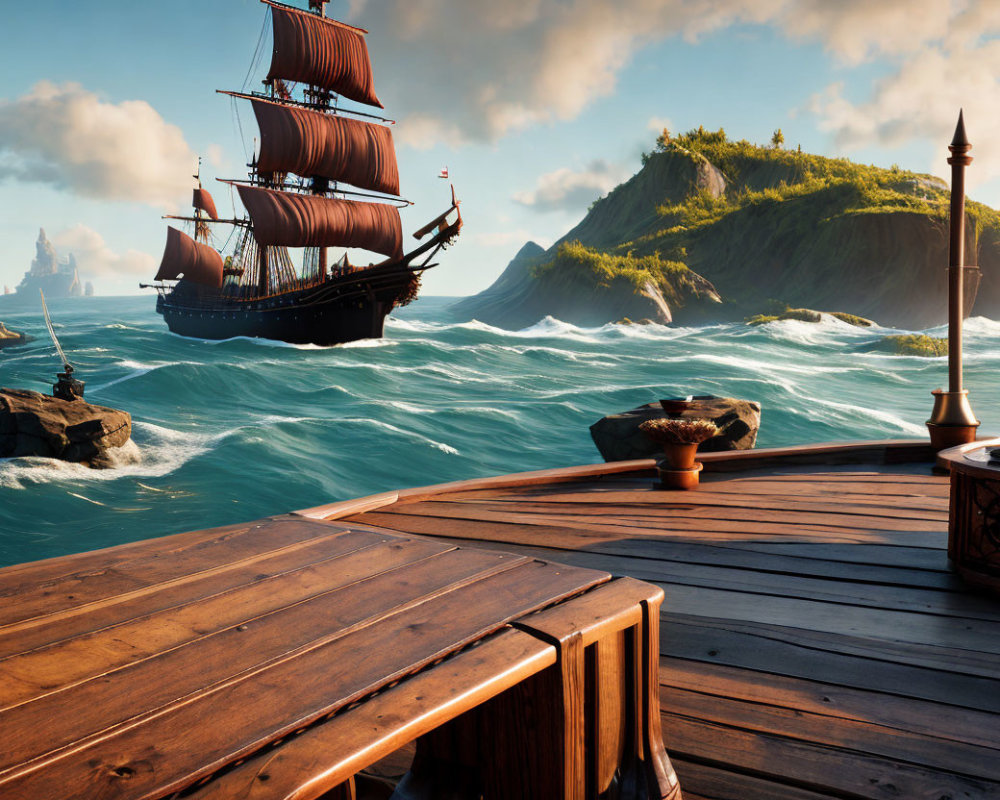 Wooden ship deck view at sea with sailing ship near lush green island