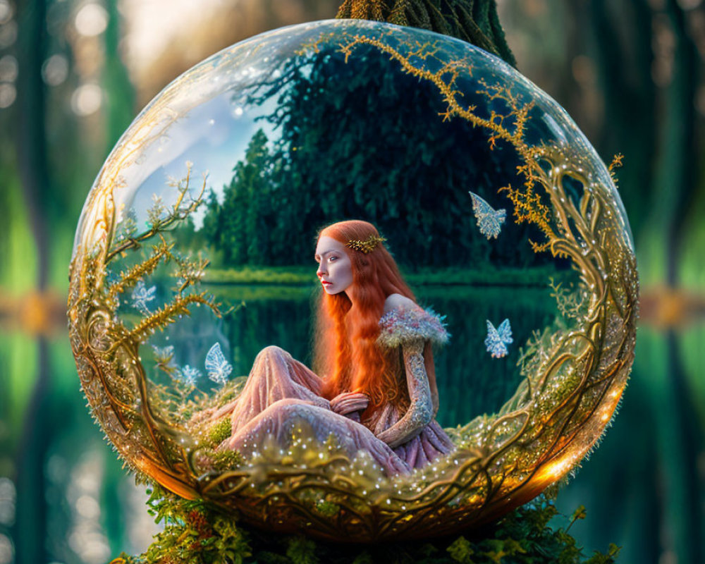 Red-haired woman in golden filigree orb with butterflies in nature