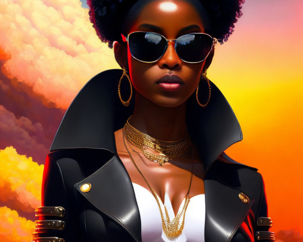 Woman with Afro Hair and Sunglasses in Stylish Attire Against Orange Sky