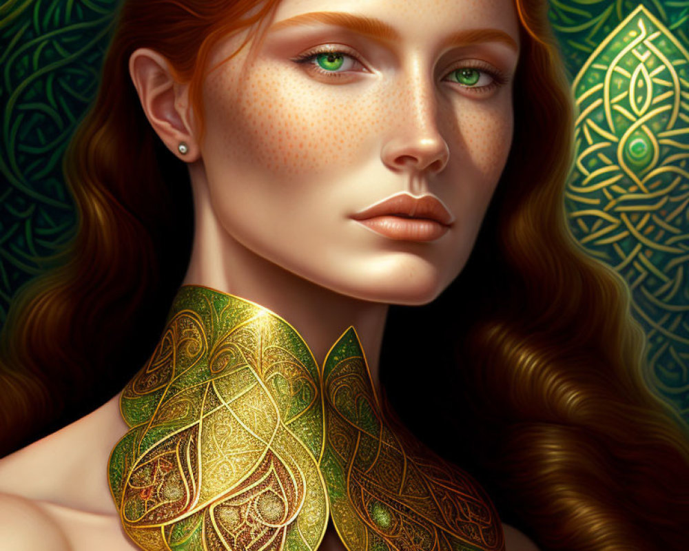 Digital portrait of woman with red hair, green eyes, and freckles on green background.