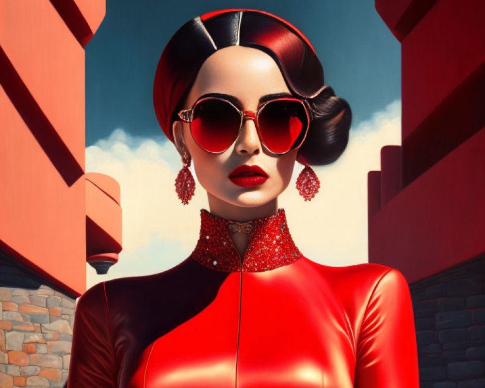 Stylized portrait of woman in red outfit with heart-shaped sunglasses