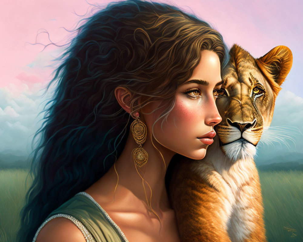 Digital artwork of woman with wavy hair and lion against soft-focus background