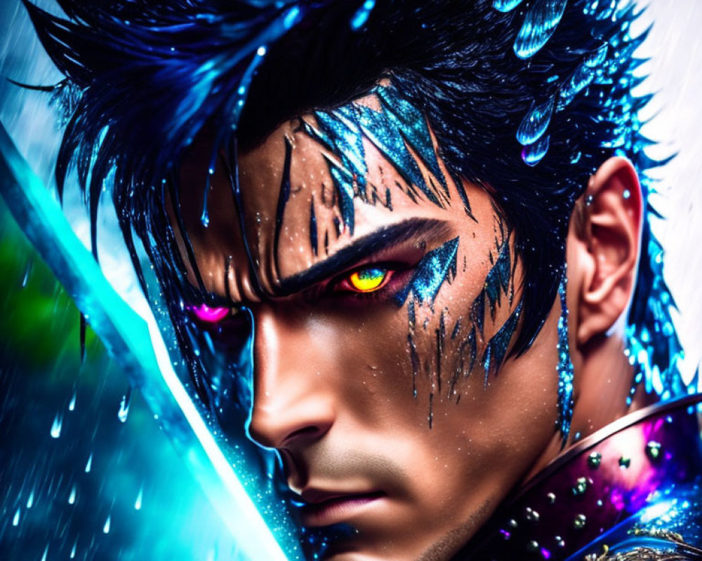 Male character with multicolored eyes, spiky hair, blue feathers, and water droplets