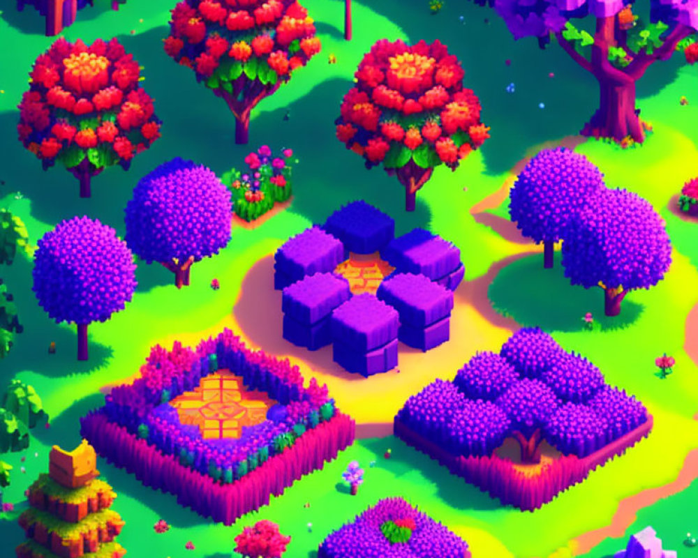 Vibrant Isometric Landscape with Trees and Structure