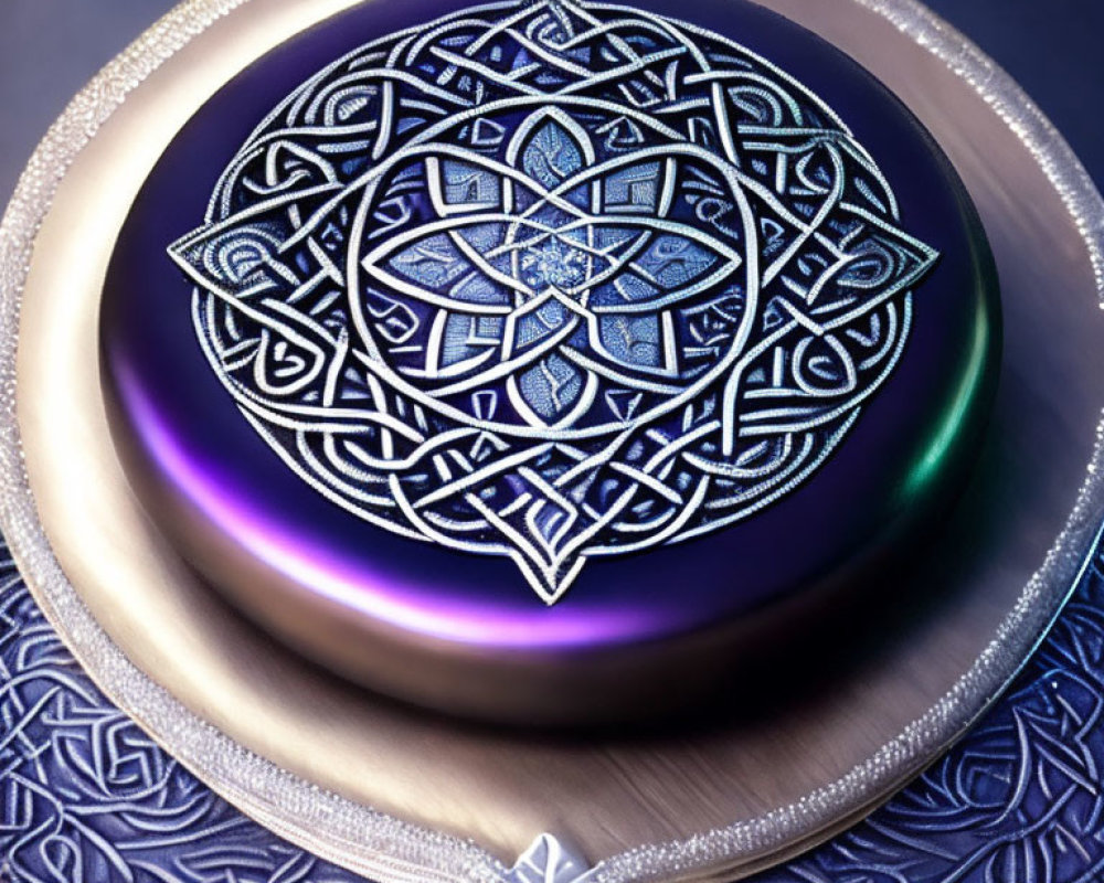 Metallic Celtic knot emblem in purple and blue on textured background