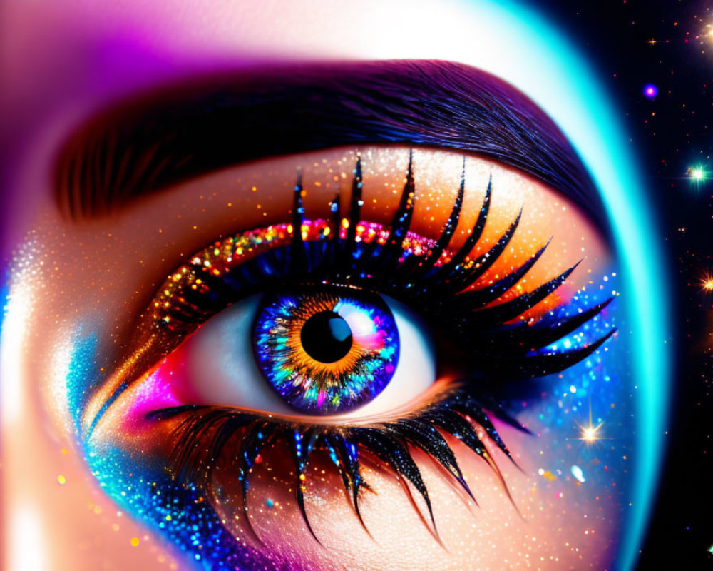 Close-up of vibrant, multicolored eyeshadow on galaxy-themed eye.