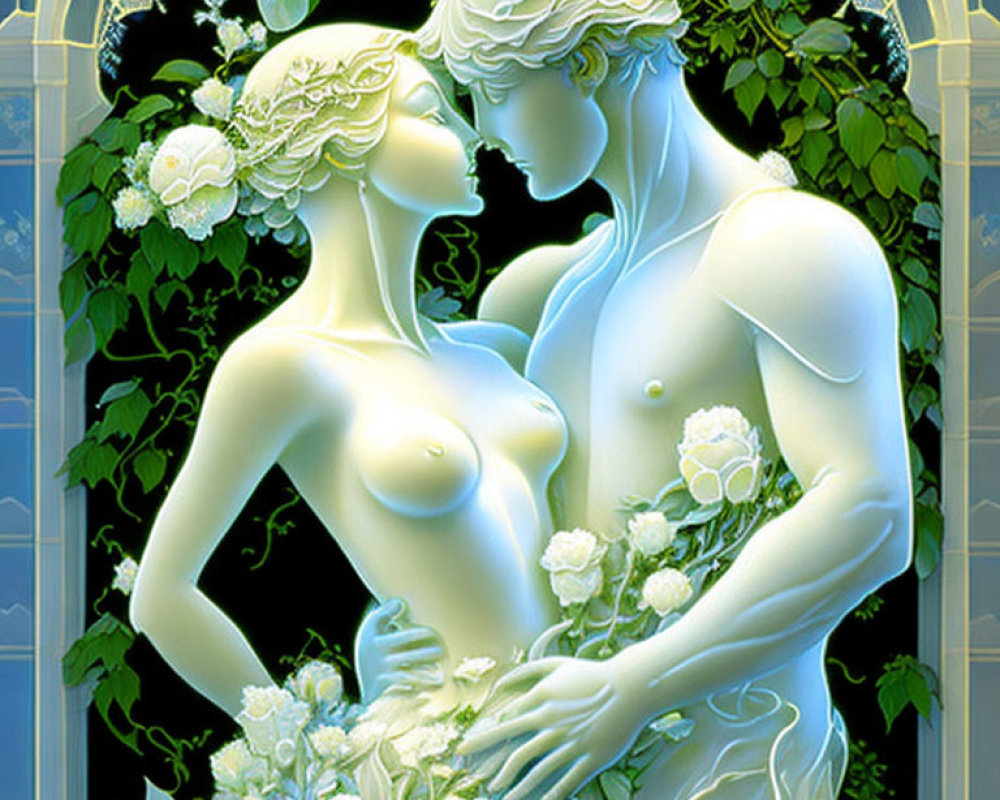 Romantic embrace illustration with white roses and blue mosaic background