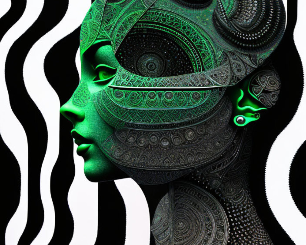 Stylized female profile with green and black patterns on striped background