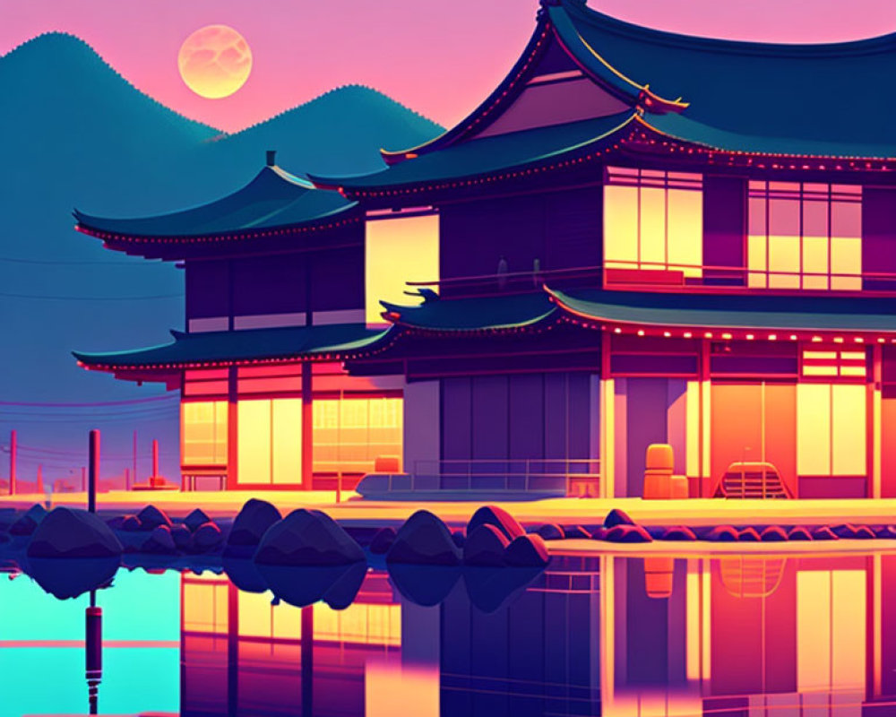 Digital art: Traditional Japanese building at dusk with reflections on water under a purple sky and full moon