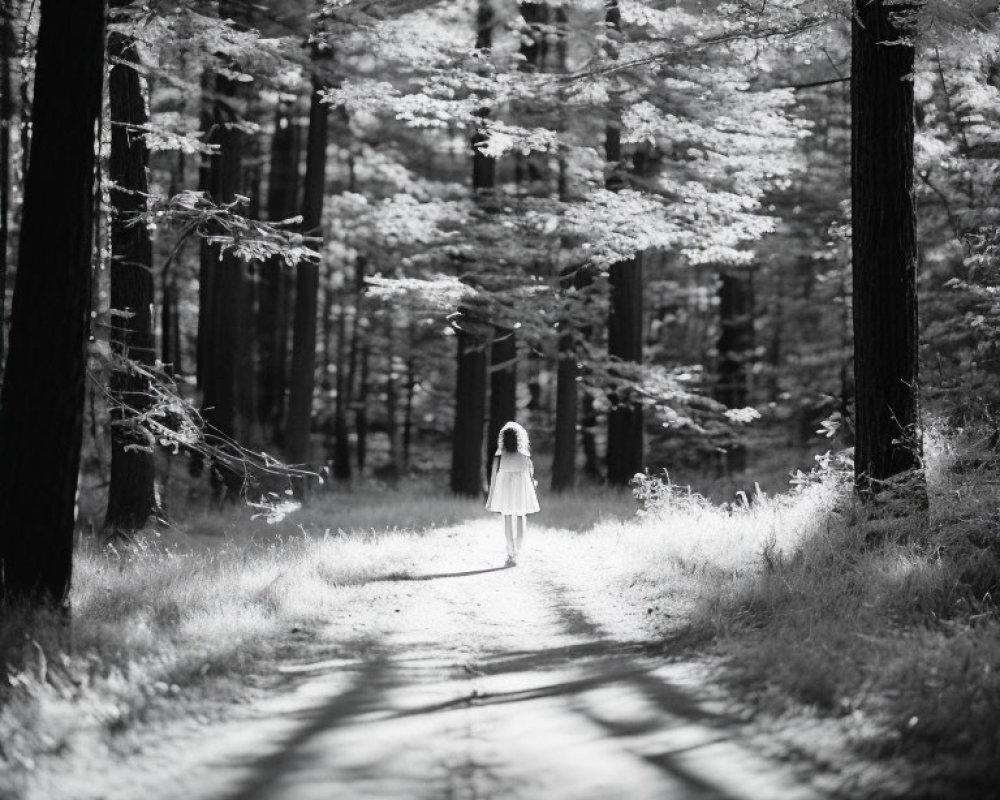 Child walking in sunlit forest with tall trees casting shadows