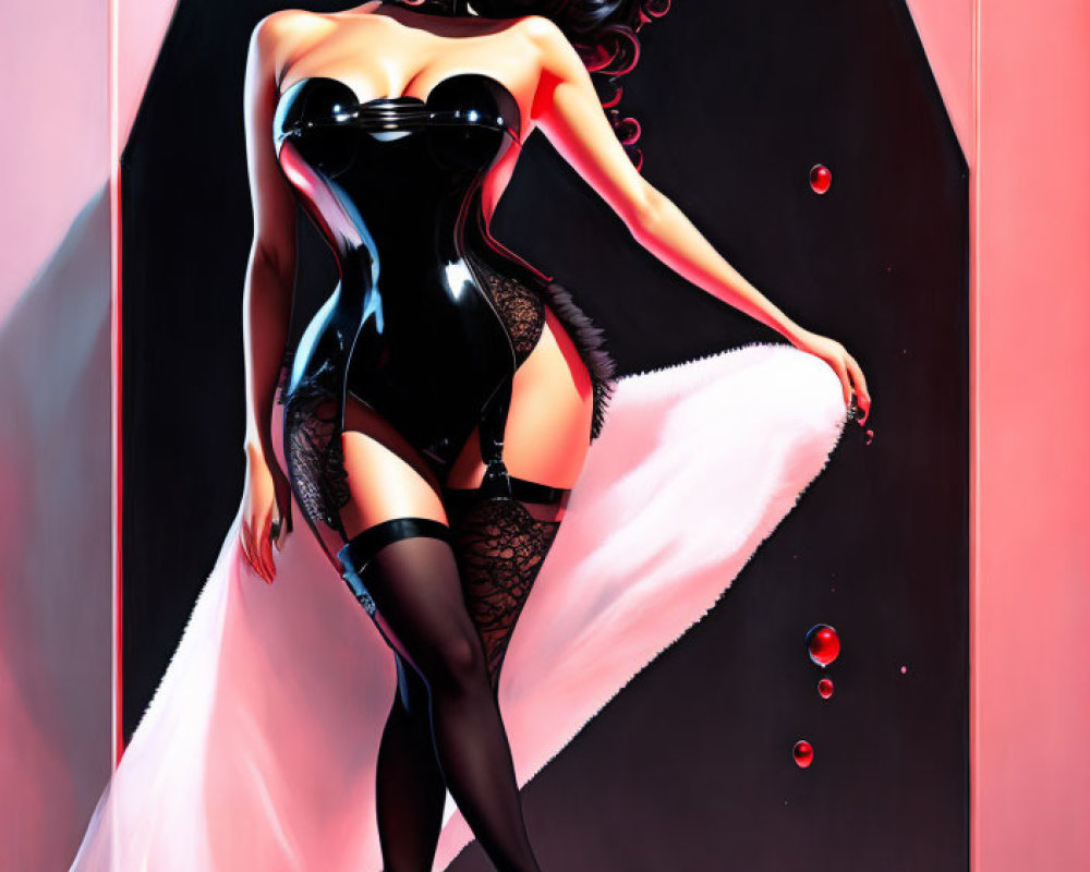 Stylized digital illustration of woman in latex bodysuit and fur coat