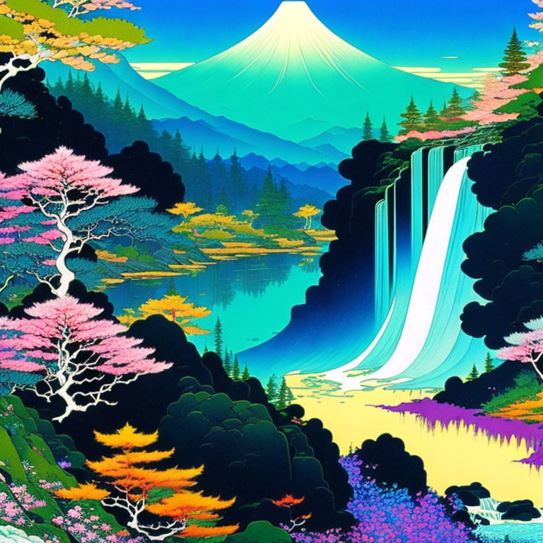 Mountainous landscape with waterfall, lake, cherry blossoms, and Mount Fuji in vibrant illustration