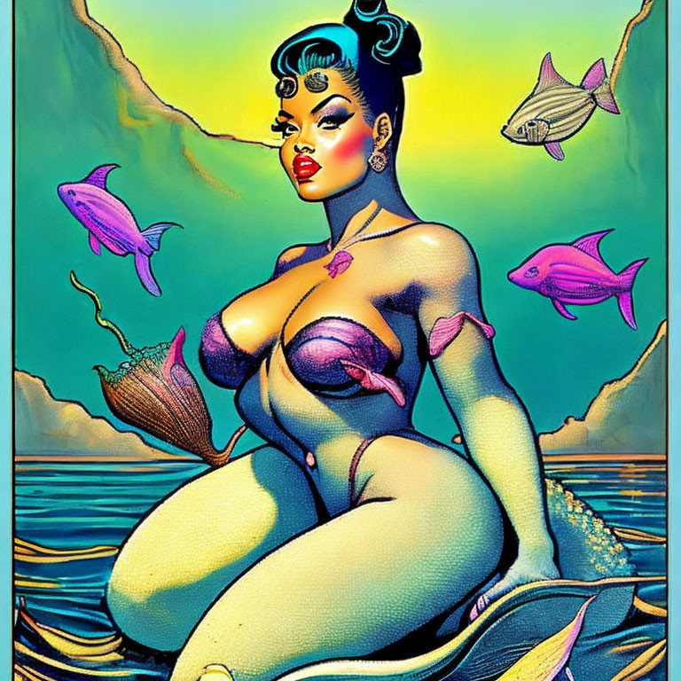 Stylized, Voluptuous Mermaid with Pink Fish in Oceanic Scene