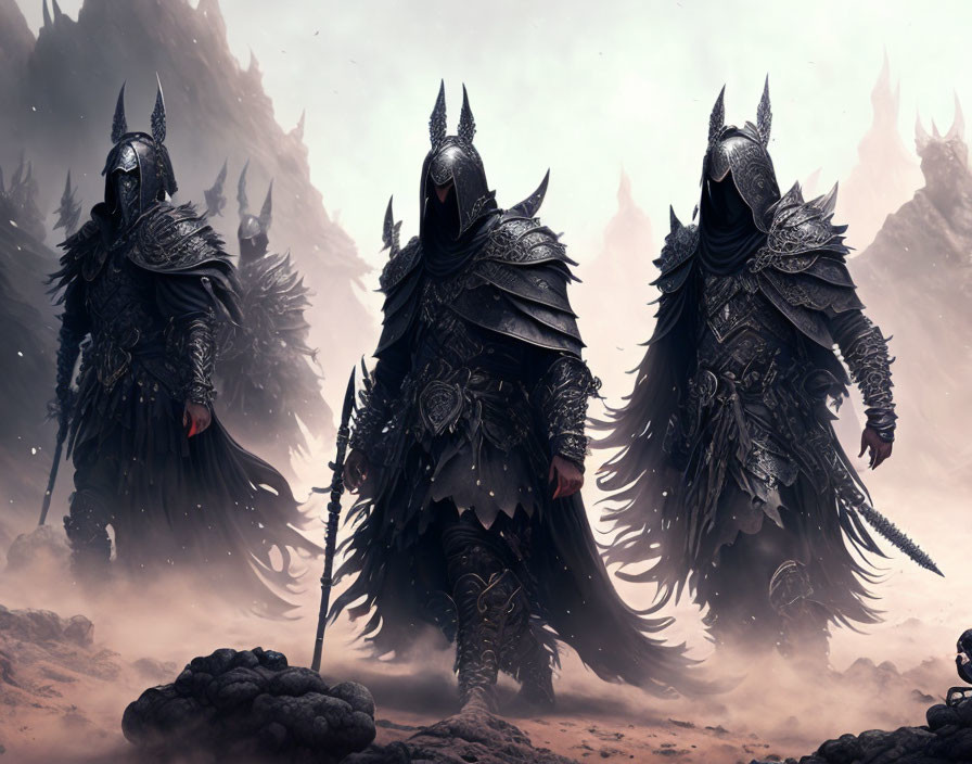 Three warriors in dark armor on a smoky battlefield