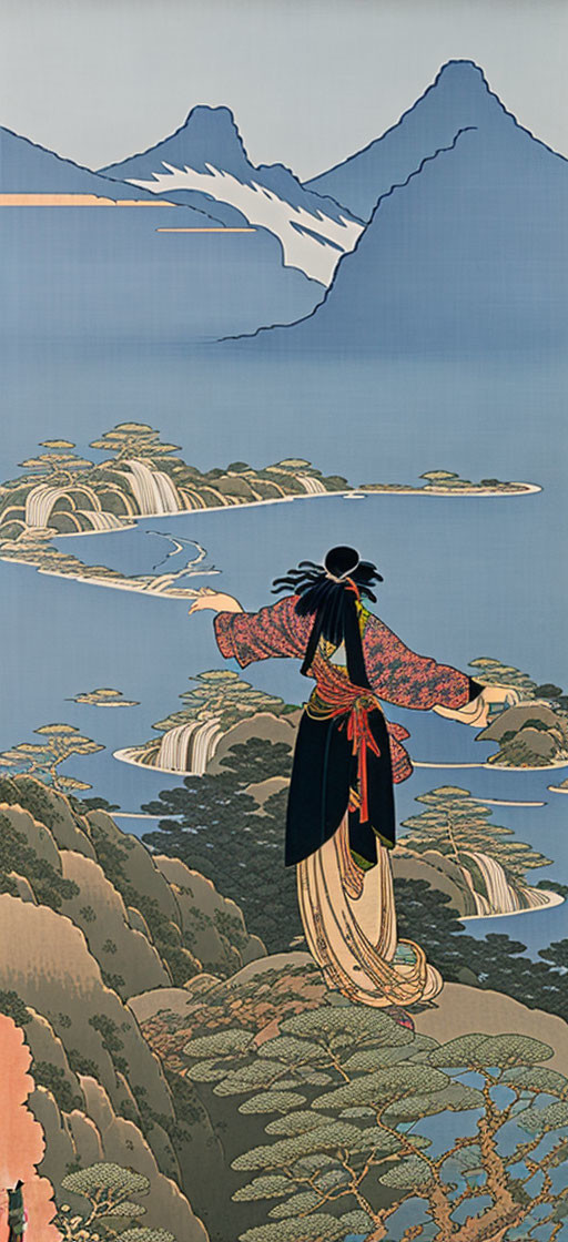 Traditional Japanese Woodblock Print of Woman in Kimono and Mountain Landscape